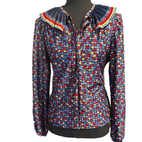 1960s colorful abstract pattern blouse with striped frill collar - Picture 6 of 8